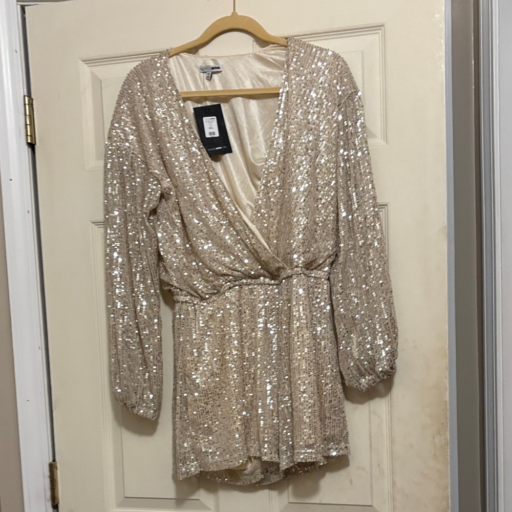 Fashion Nova Sequin Long Sleeve Dress in Gold